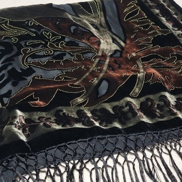 Velvet Burnout Silk Scarf Floral Art Deco Style Wrap Shawl Fringe - Picture 6 of 11